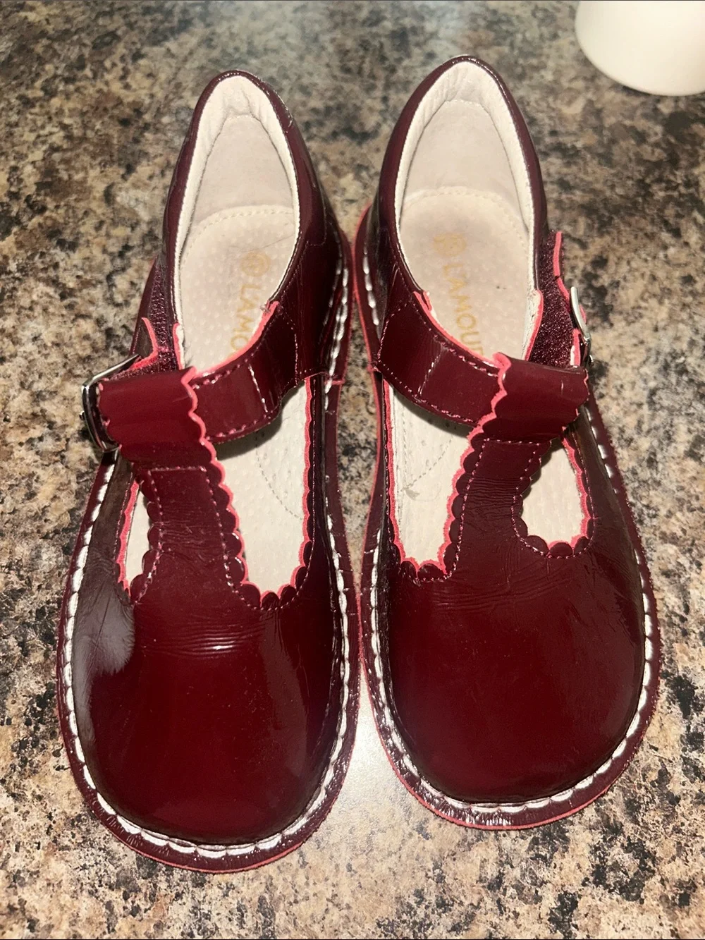 Girls' Burgundy Patent Mary Jane Dress Shoes with Pink Trim
